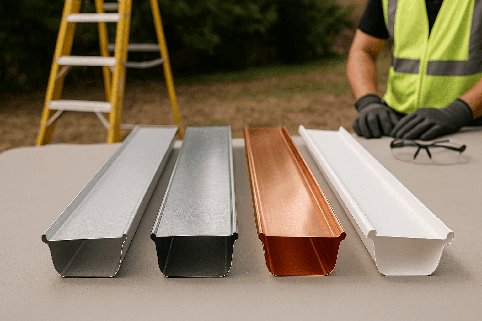 Different gutter materials including aluminum, steel, copper, and vinyl on display