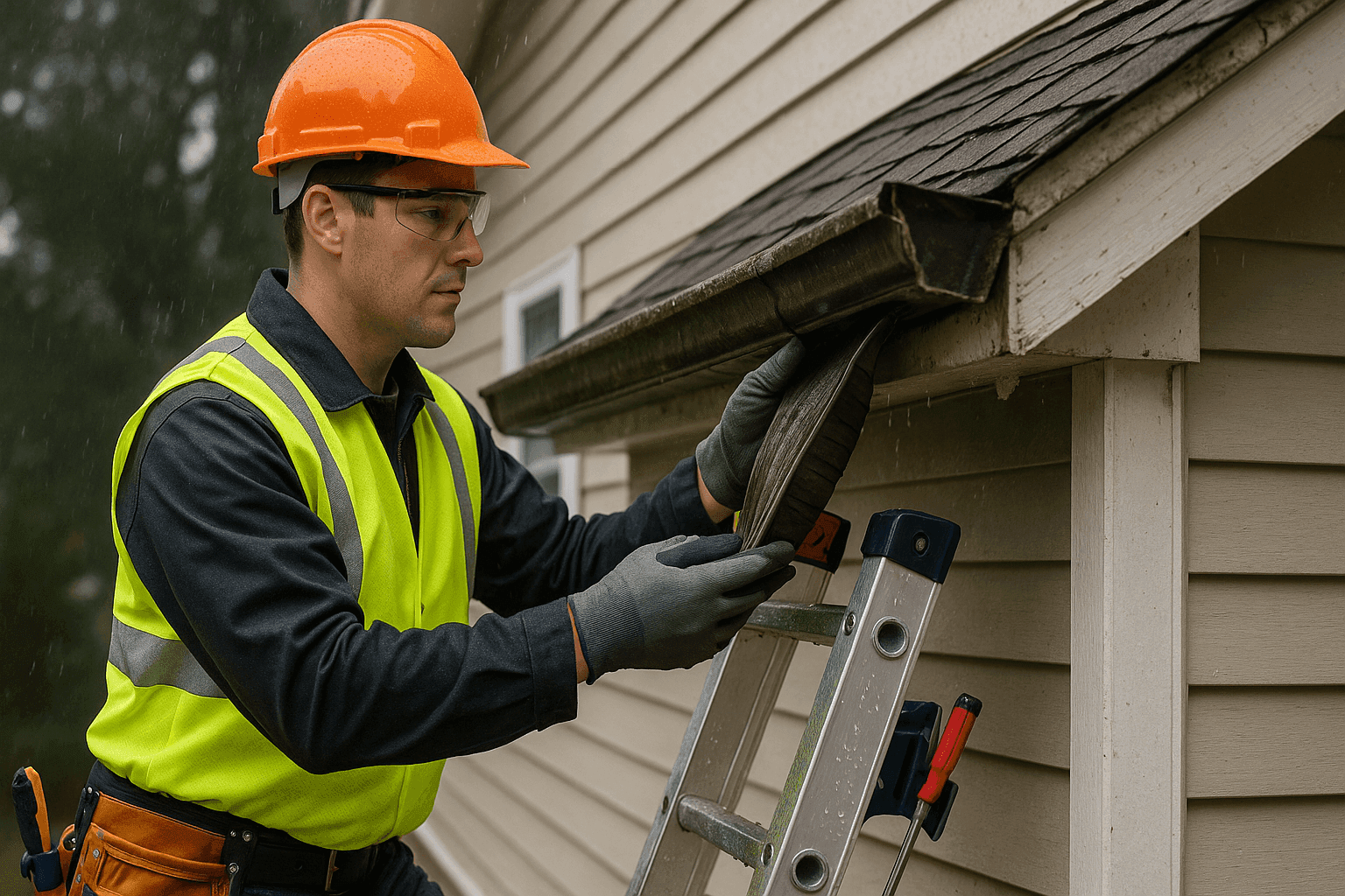 Technician inspecting storm-damaged gutter with safety gear