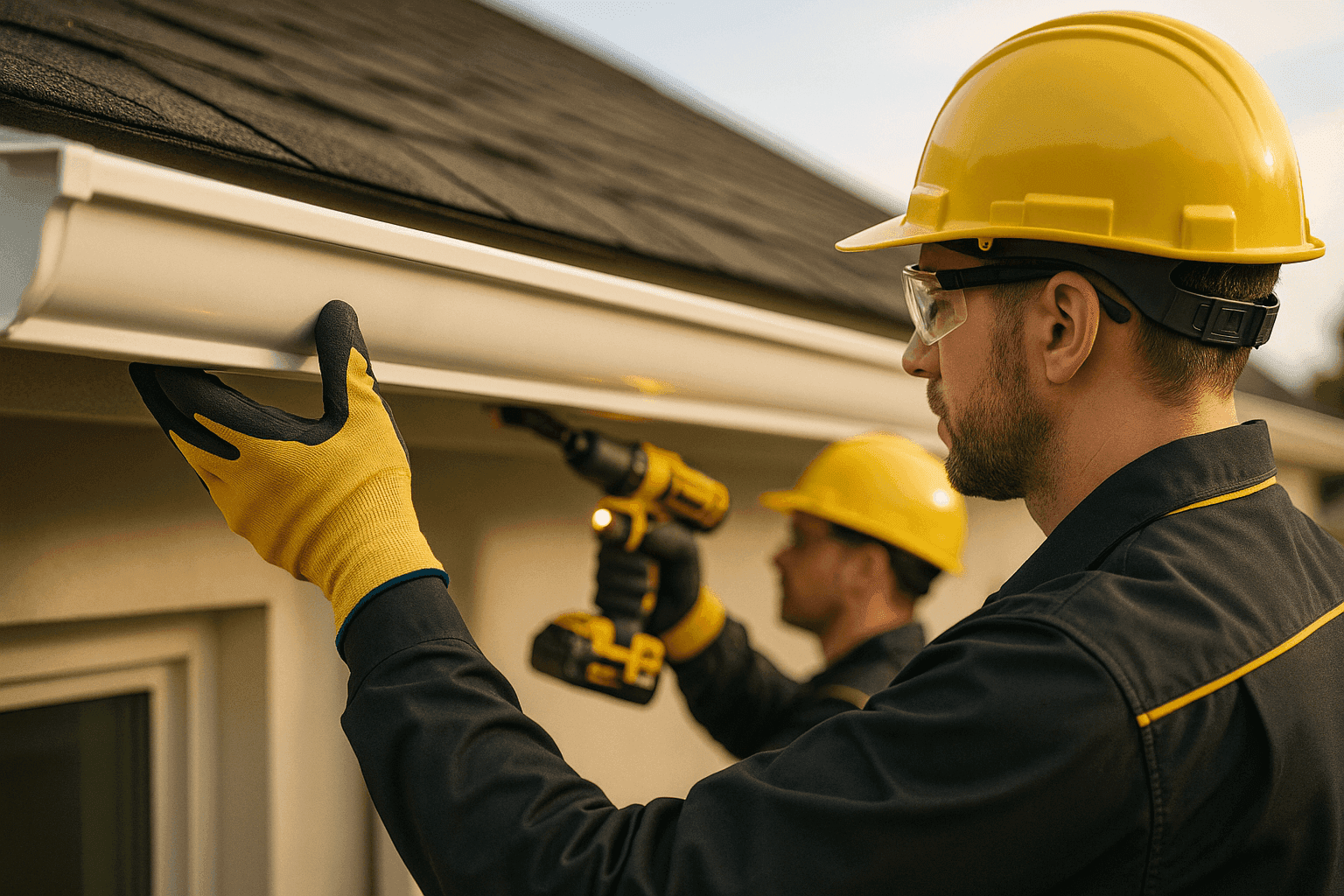Professional workers installing new gutters on a clean building exterior wearing safety gear